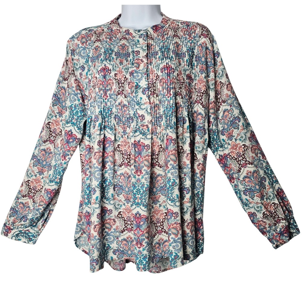 Sundance Boho Pintuck‎ Floral Blouse Women's L Popover Paisley Peasant Top Rayon